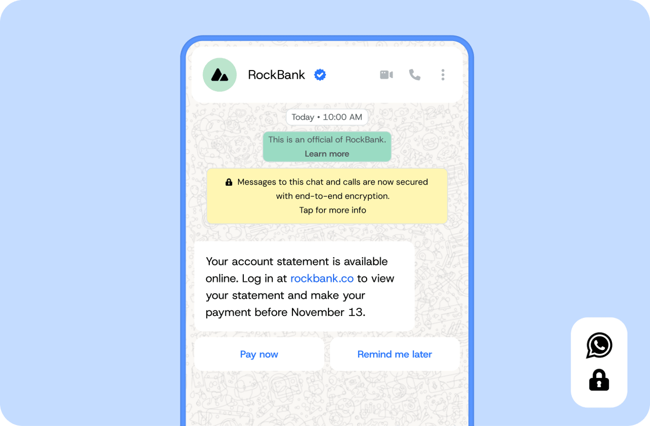 A screenshot of a WhatsApp message of a verified bank brand to a user's account.